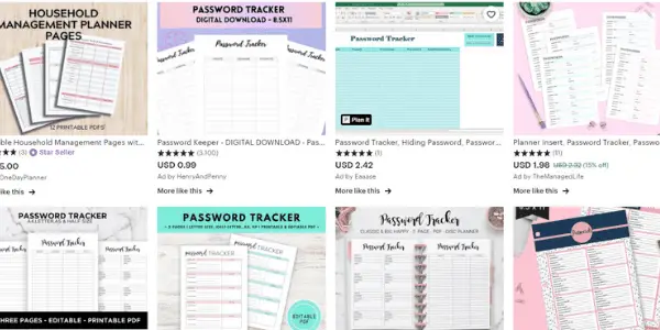 password tracker on Etsy